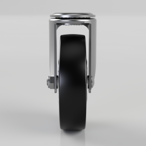 Front-facing view of a chrome caster wheel with a black rubber wheel and mounting hardware, as used on furniture.