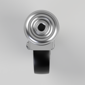 Front view of a metal swivel caster with a shiny circular wheel and black rubber tire, mounted in a bracket.