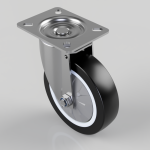 Swivel caster wheel with metal mounting plate and four holes, attached to a grey bracket on a light background.