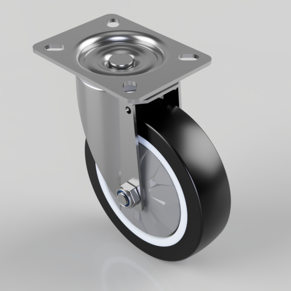 Swivel caster wheel with metal mounting plate and four holes, attached to a grey bracket on a light background.
