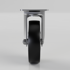 Industrial swivel caster with metal frame and black wheel, mounted on a flat plate.