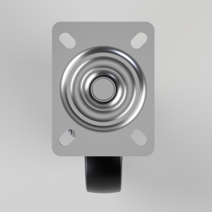 Front view of a metal caster wheel mounted on a rectangular plate with rounded corners and four mounting holes.