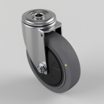 Swivel caster wheel with a gray rubber tire and metal housing, mounted on a bracket with a bolt visible at the bottom.