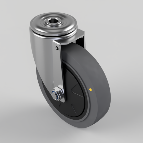 Swivel caster wheel with a gray rubber tire and metal housing, mounted on a bracket with a bolt visible at the bottom.