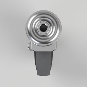 Front view of a metal circular lens with concentric rings mounted on a gray wrist strap.