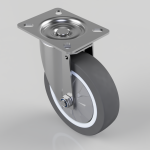 Swivel caster wheel with a square metal mounting plate (four holes) and a gray rubber tire with a white sidewall.
