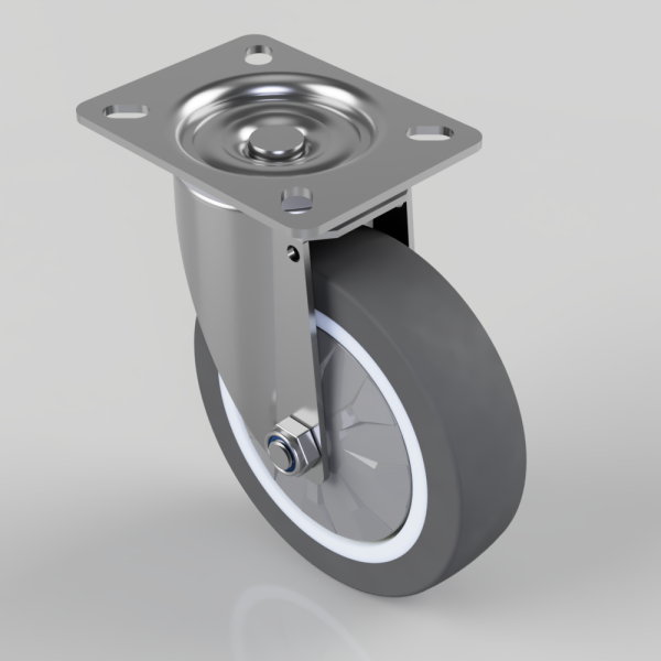 Swivel caster wheel with a square metal mounting plate (four holes) and a gray rubber tire with a white sidewall.