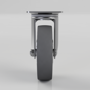 Front view of a heavy-duty caster wheel with a metal frame and axle bolts, used to enable mobility of furniture or equipment.