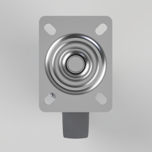 Industrial push-button switch mounted on a gray rectangular mounting plate with a circular metal actuator in the center,”,