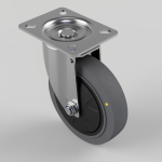 Swivel caster wheel with a four-hole metal mounting plate and grey polyurethane wheel on a metal bracket.