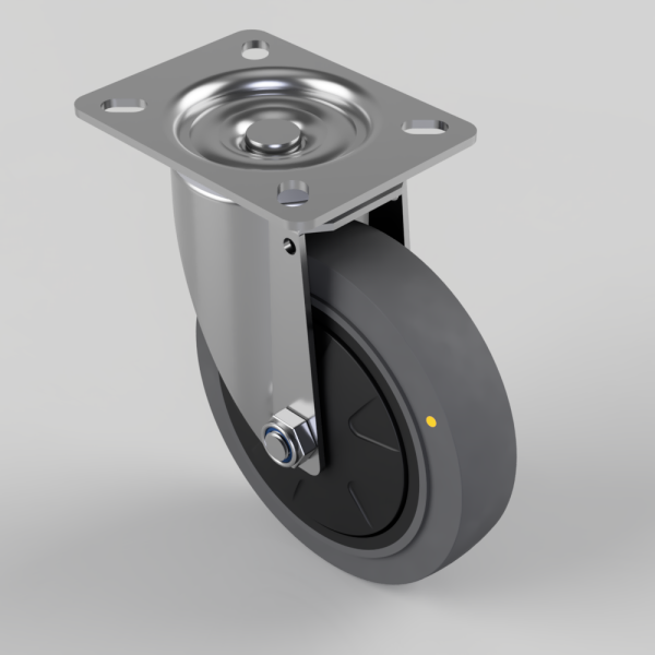 Swivel caster wheel with a four-hole metal mounting plate and grey polyurethane wheel on a metal bracket.