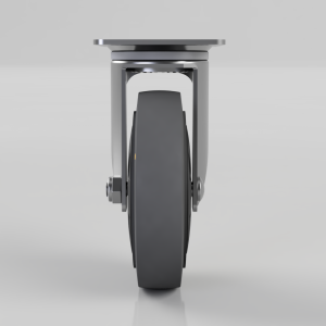 Front view of a single heavy-duty metal caster wheel with a dark rubber tire and mounting yoke.