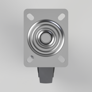 Square metal mounting plate with a swiveling caster wheel attached, viewed from the front.