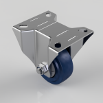 Metal mounting plate with a blue polyurethane caster wheel, bolt and nut assembly visible on the side (industrial swivel caster).