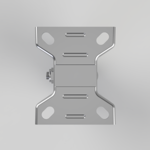 Silver metal mounting bracket with two flanged plates and a central square block, viewed head-on; features a side bolt on the left.