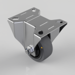 Metal swivel caster attached to a rectangular metal mounting plate with four holes for screws.