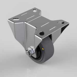 Metal swivel caster attached to a rectangular metal mounting plate with four holes for screws.