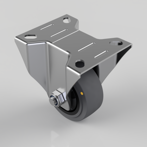 Metal swivel caster attached to a rectangular metal mounting plate with four holes for screws.