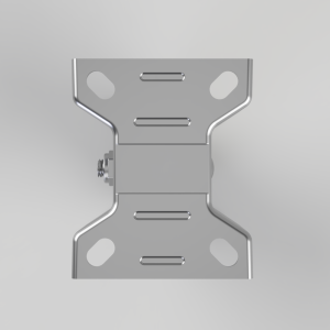 Metal mounting bracket with central hinge and a bolt on the left, viewed front-on.
