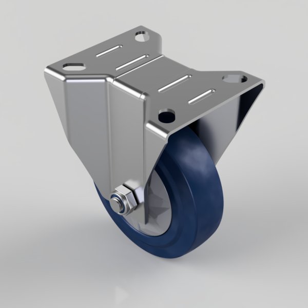 Industrial swivel caster with blue wheel and perforated metal mounting plate.