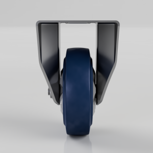Front view of a large blue caster wheel held by a gray U-shaped fork on a reflective surface.