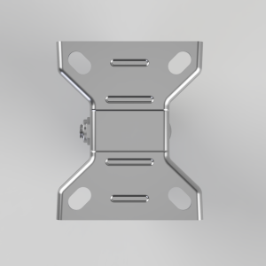Silver metal mounting bracket with mirrored wings, a central hinge, and multiple oval cutouts and slotted holes viewed straight on