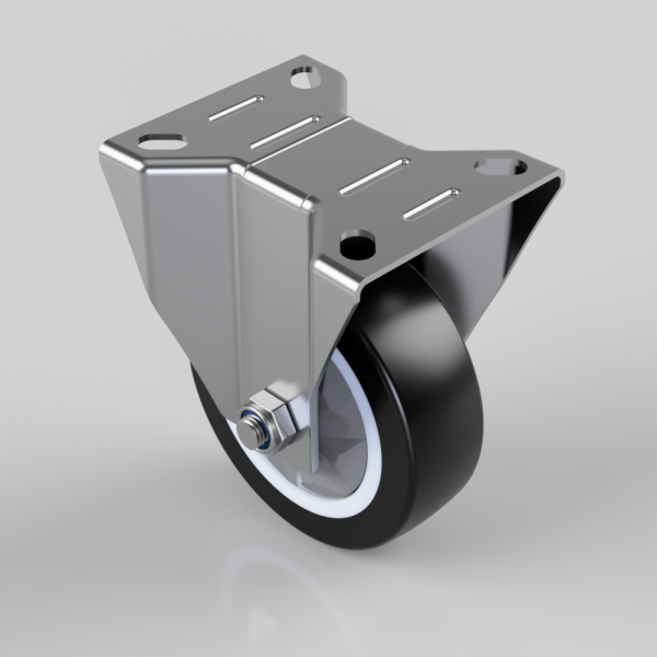 Caster wheel with a metal mounting plate and swivel wheel, showing a bolt and holes for attachment