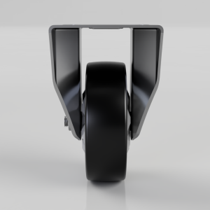 Front view of a single black caster wheel mounted in a gray U‑shaped metal fork