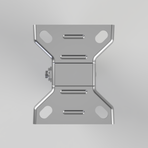 Metal mounting bracket with a central bolt and flared ends, shown from a flat angle against a gray backdrop