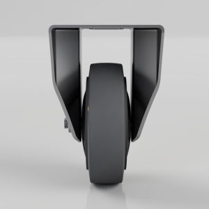 Front view of a large black caster wheel enclosed by a U-shaped metal frame (wheel is centered between the forks). In-use appearance suggests an industrial cart or equipment caster.