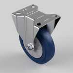 Metal swivel caster with blue polyurethane wheel and mounting plate, showing bolt and nut hardware