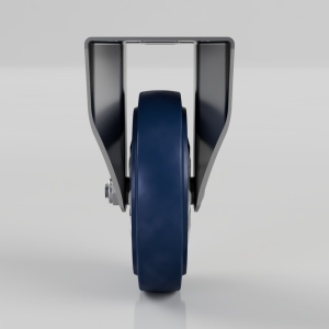 Front view of a heavy-duty caster wheel with a dark blue tire and metal yoke.