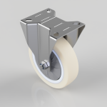 Caster wheel with cream polyurethane tire mounted to a metal plate with four mounting holes.