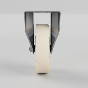 Swivel caster wheel with a beige polyurethane tire mounted in a gray metal fork, seen from the front.