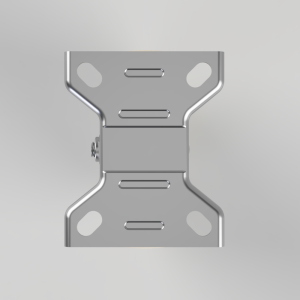 Metal mounting bracket with a central hinge and bolt, chrome finish, used to attach components.