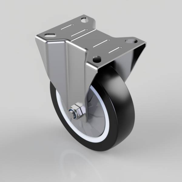 Swivel caster wheel with a metal mounting plate and black urethane wheel on a light gray background.