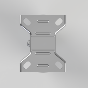 Front-facing metal mounting bracket with flared ends, slotted holes, and a small side bolt on the left.