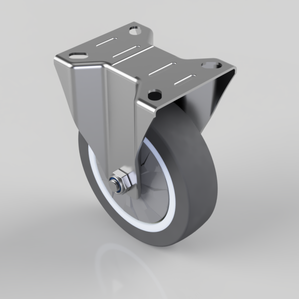 Swivel caster with a metal mounting plate and a gray polyurethane wheel.