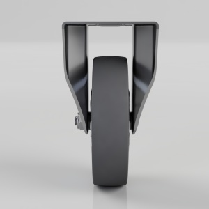 Front-facing view of a heavy-duty caster wheel with a dark gray tire and silver metal housing, mounted for swiveling mobility.