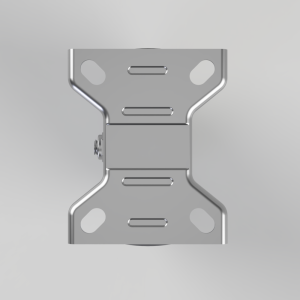 Metal mounting bracket with curved arms and multiple slotted holes, centered hinge in the middle, viewed head-on from above.