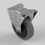 Metal caster wheel with a gray polyurethane wheel and a four-hole mounting plate, shown at an angle for mounting to equipment.