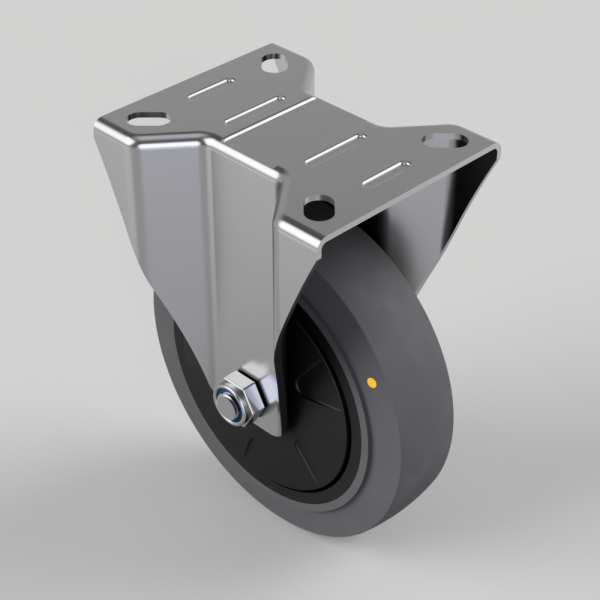 Metal caster wheel with a gray polyurethane wheel and a four-hole mounting plate, shown at an angle for mounting to equipment.