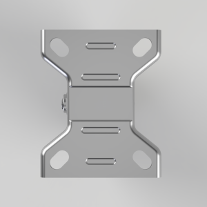 Metal mounting bracket with two flared ends and a central hinge, screw on the side, seen from above.