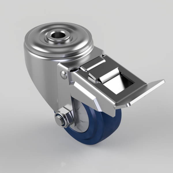 Swivel caster wheel with a blue tire and a metal locking brake lever.