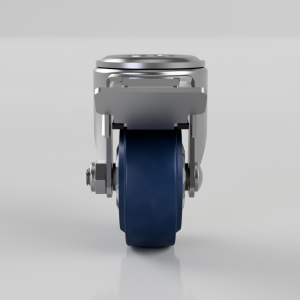Front view of a metal swivel caster with a blue wheel and brake/lock mechanism visible atop the wheel.