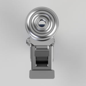Close-up of a metallic stage spotlight with a circular lens mounted on a stand, facing forward and ready for use.