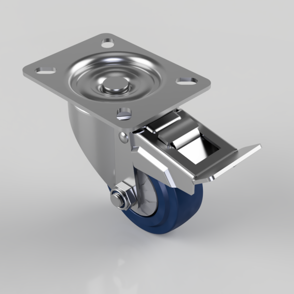 Industrial swivel caster with blue wheel, metal brake lever, and square four-hole mounting plate