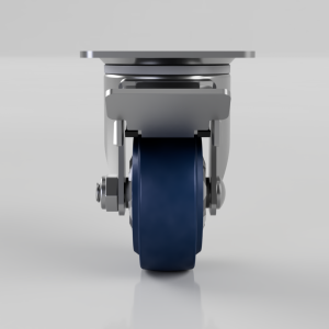 Industrial caster wheel with a blue wheel and metal mounting hardware, shown from a rear angle against a light background.
