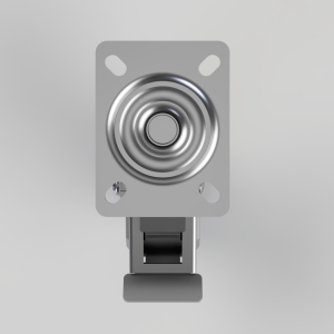 Front view of a panel-mounted circular buzzer on a square metal plate with corner mounting holes and a mounting bracket below