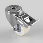 Swivel caster wheel with a metal brake lever for locking and steering, used on furniture or equipment